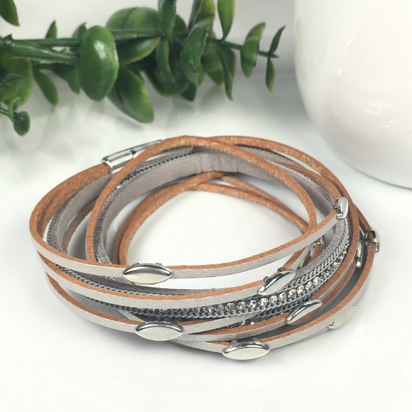 Silver Leather Wrap Bangle Magnet Bracelet - Picture 3 of 6